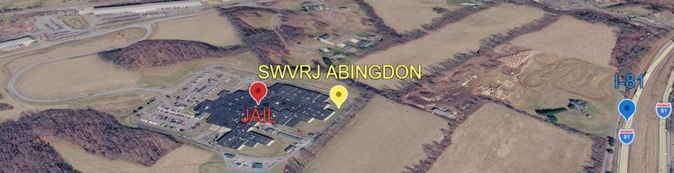 Aerial map of SWVRJA Abingdon Magistrate's Office showing facility, Interstate 81, and local landmarks in Abingdon Virginia