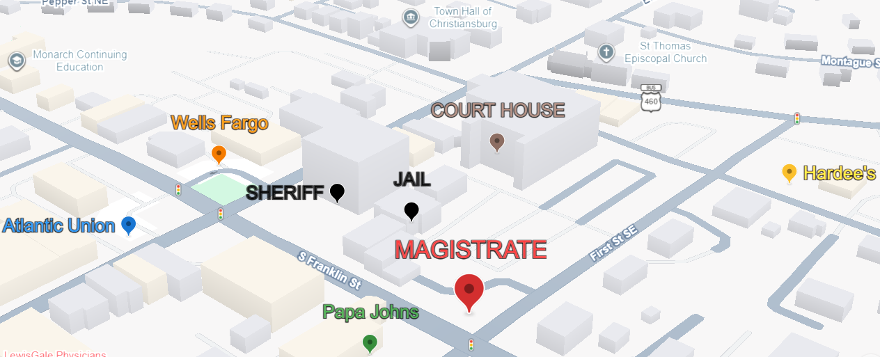 Visual map of Montgomery County Magistrate's Office at 95 First St SE, Christiansburg VA