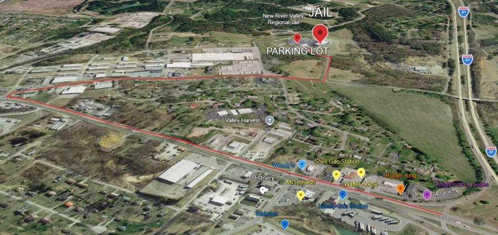 Aerial map of New River Valley Regional Jail showing parking lot, Interstate 81, and local landmarks in Dublin Virginia