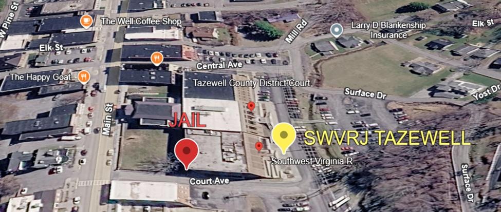 Aerial map of Southwest Virginia Regional Jail Authority Tazewell facility showing SWVRJA Tazewell and local landmarks